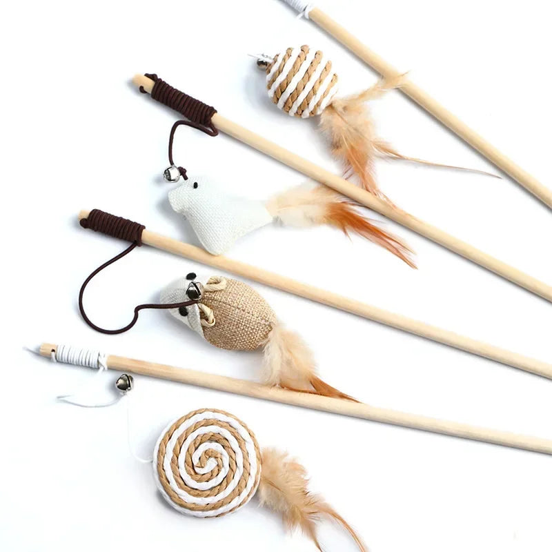 1PC Teaser Feather Toys Kitten Funny Colorful Rod Cat Wand Toys Wood