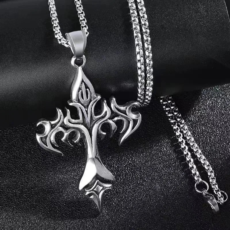 Stainless Steel Necklace Flame Retro Cross Titanium Steel Casting Men