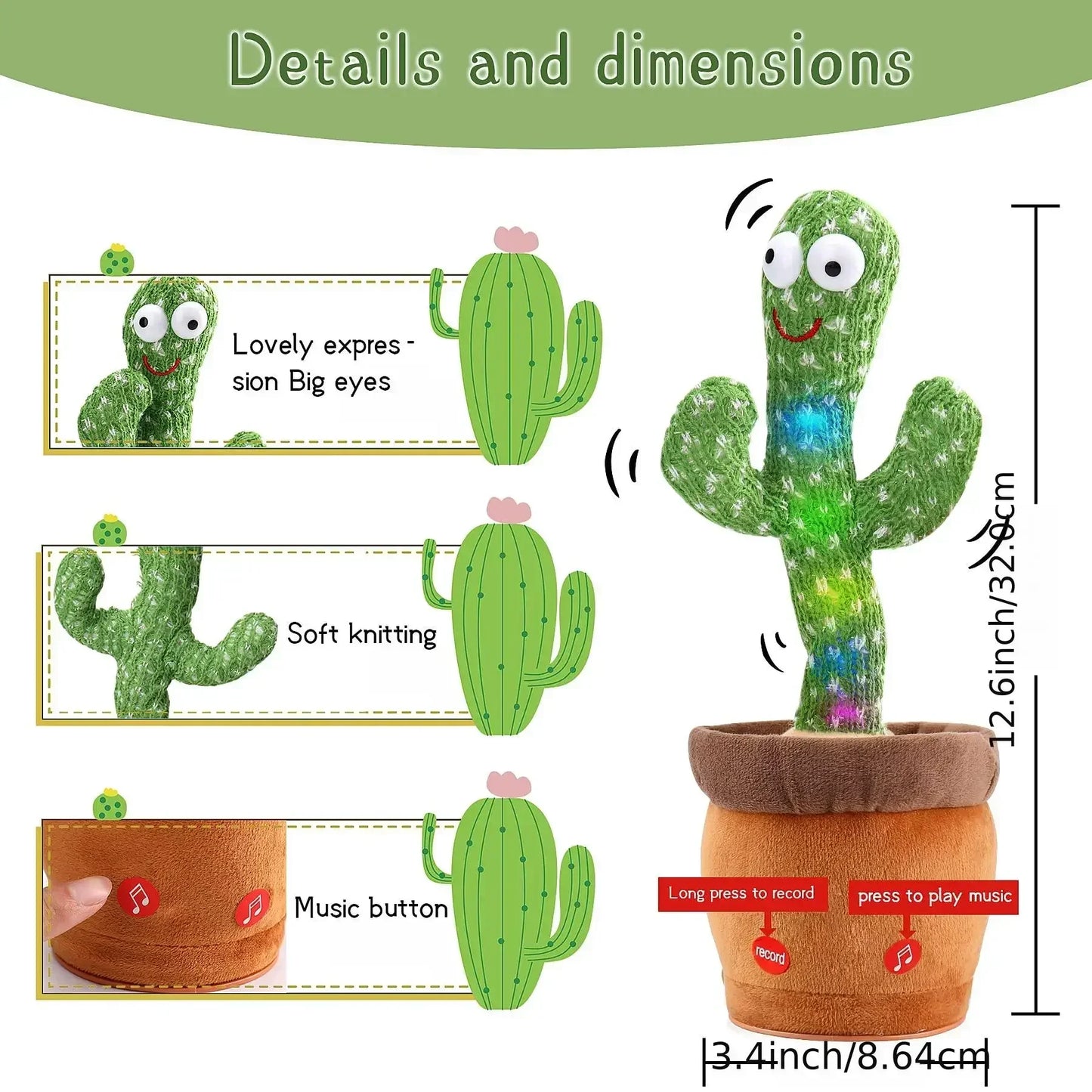 A talking cactus toy that can be charged, recorded, and repeated.