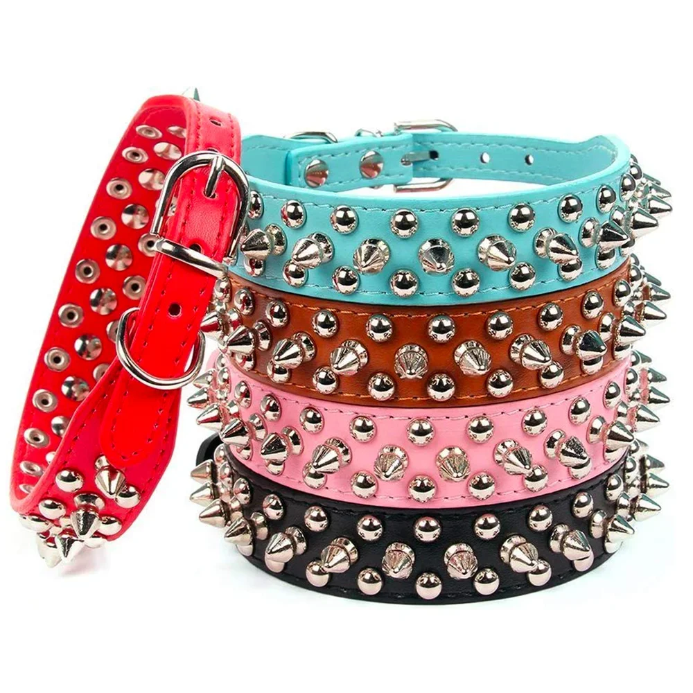 Adjustable Leather Pet Dog collar Neck Strap Supplies PU Leather Punk