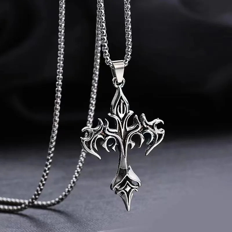 Stainless Steel Necklace Flame Retro Cross Titanium Steel Casting Men