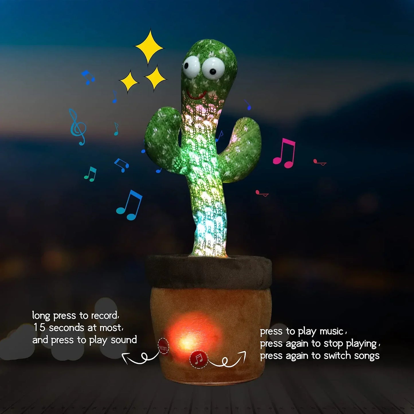 A talking cactus toy that can be charged, recorded, and repeated.