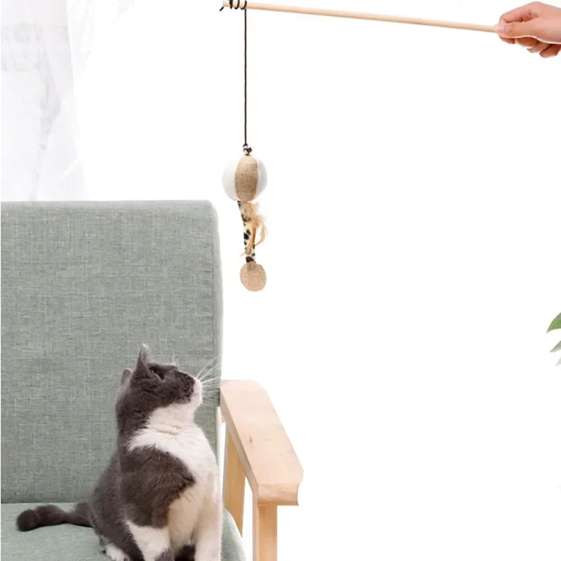 1PC Teaser Feather Toys Kitten Funny Colorful Rod Cat Wand Toys Wood