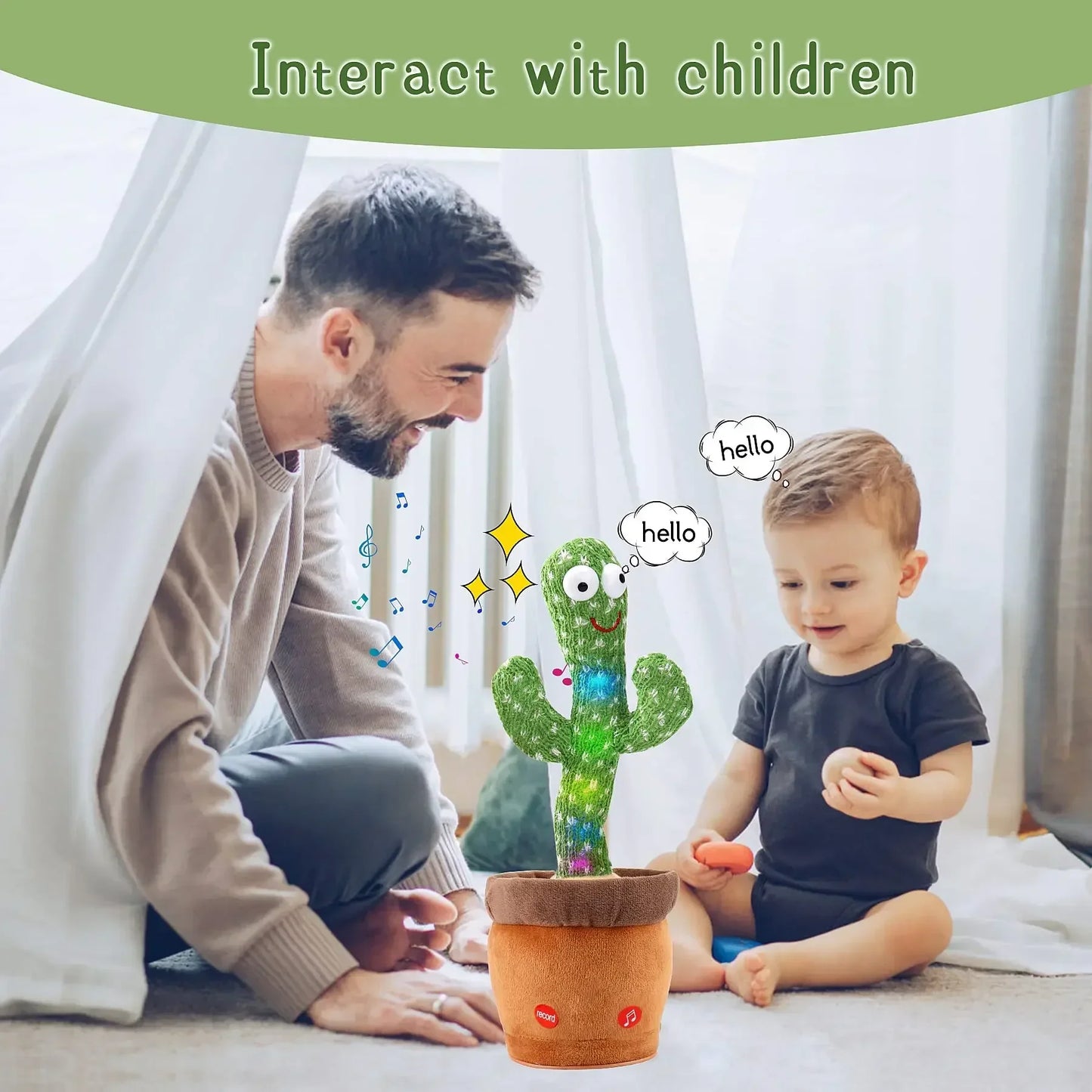 A talking cactus toy that can be charged, recorded, and repeated.
