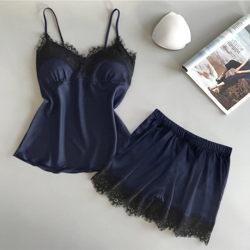 2Pcs Women's New Pajama Set Cute Fashion V-Neck Lace Sexy Lingerie