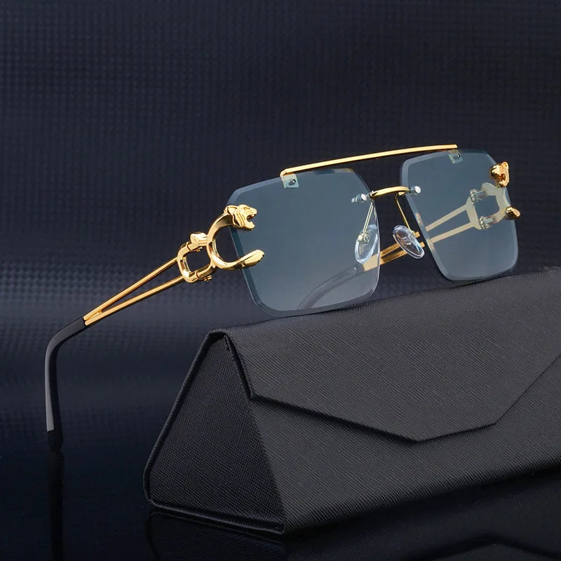 Fashion Metal Leopard Rimless Sunglasses Double Bridges Gradient Ocean