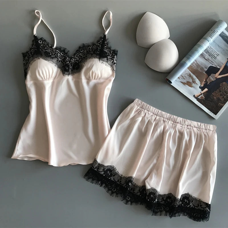 2Pcs Women's New Pajama Set Cute Fashion V-Neck Lace Sexy Lingerie