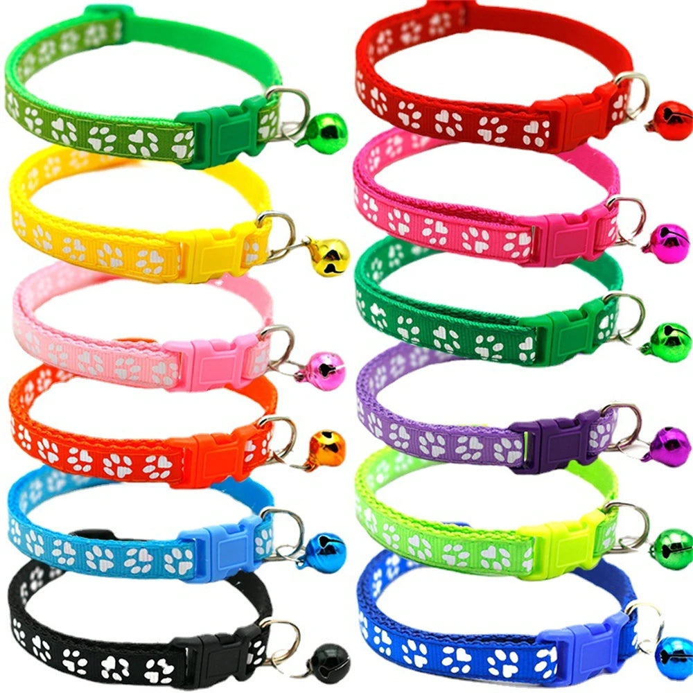 1pc Colorful Bells Cat Collar with Cute Paw Print Adjustable Puppy