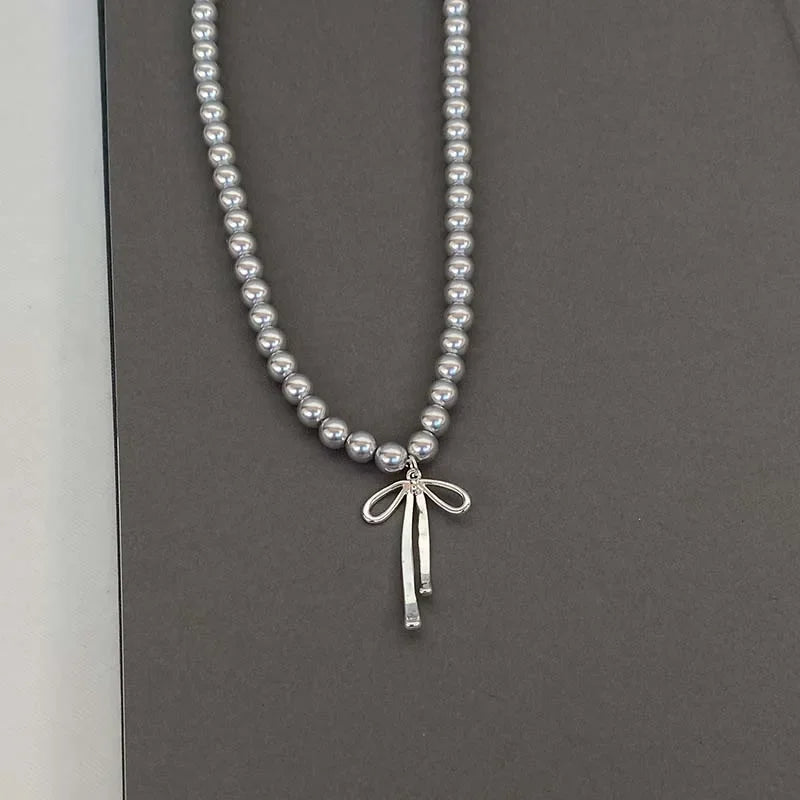 Metal Bowknot Pendant Imitation Pearl Necklace For Women Grey Color