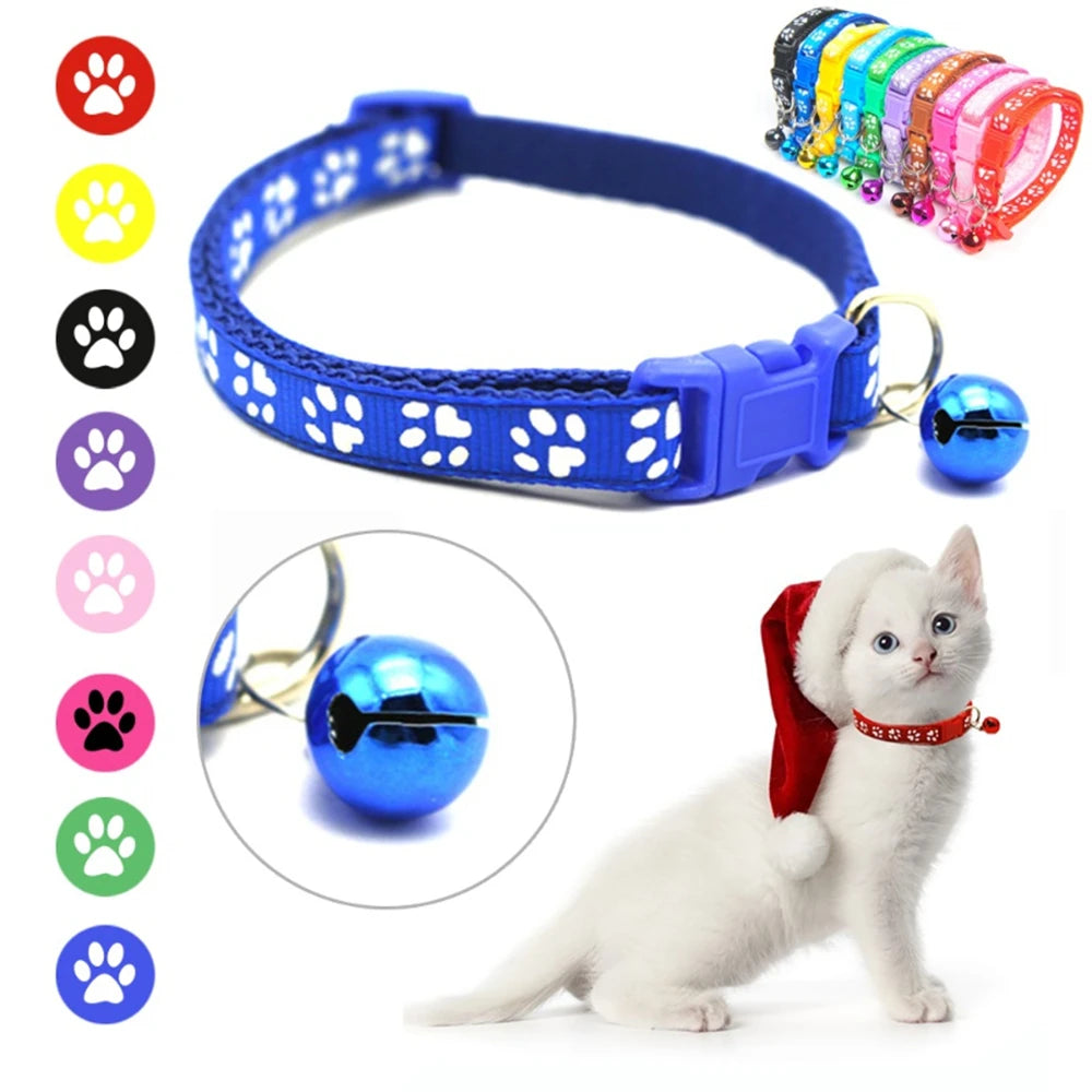 1pc Colorful Bells Cat Collar with Cute Paw Print Adjustable Puppy