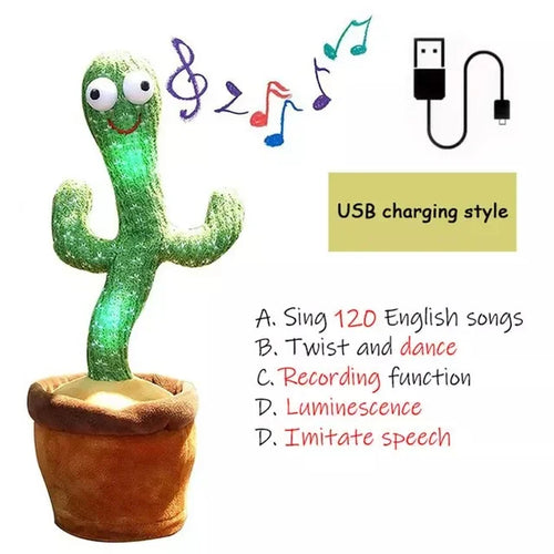 A talking cactus toy that can be charged, recorded, and repeated.