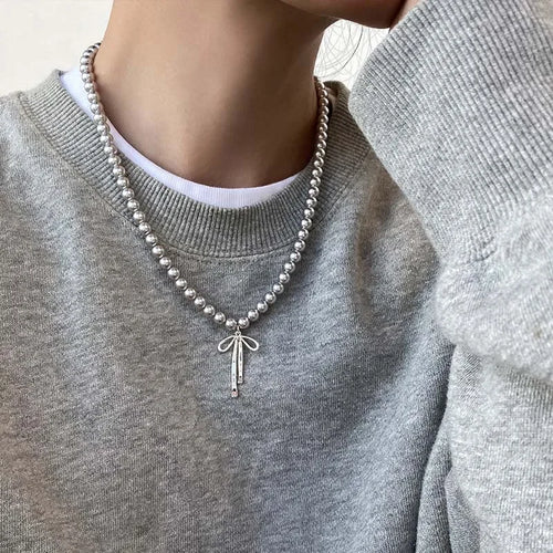 Metal Bowknot Pendant Imitation Pearl Necklace For Women Grey Color