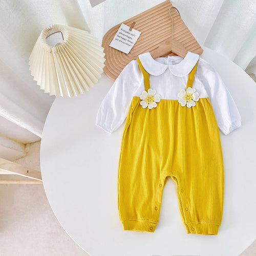 Baby Girl 3D Flower Patched Pattern False 1-Piece Design Doll Neck