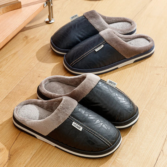 Big Size Winter Casual Men's Slippers Indoor Waterproof PU Leather