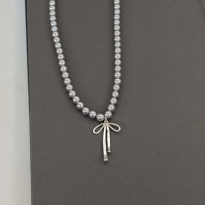 Metal Bowknot Pendant Imitation Pearl Necklace For Women Grey Color