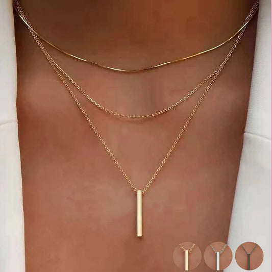 Vintage Layered Metal Bar Pendant Necklace for Women Daily Wear Gold
